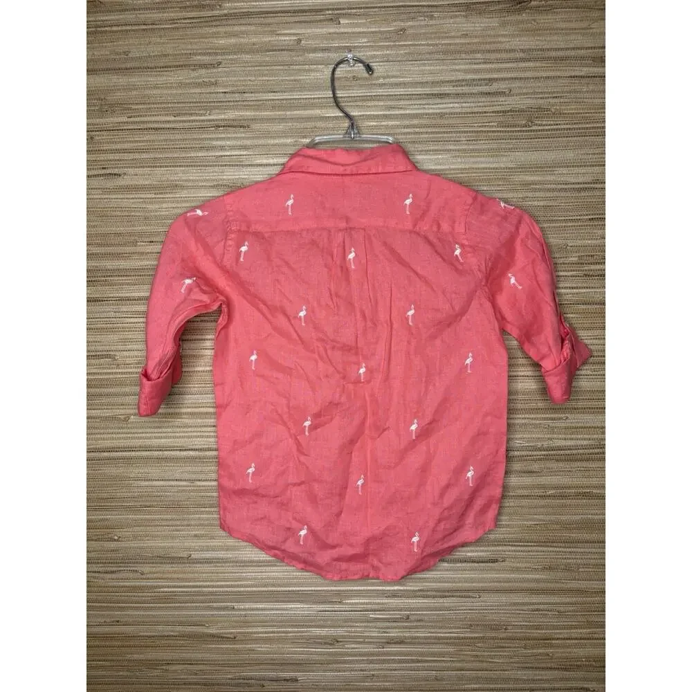 NWT Janie and Jack Boy’s Game Set Linen Button Up Flamingo Shirt Coral Sz 5